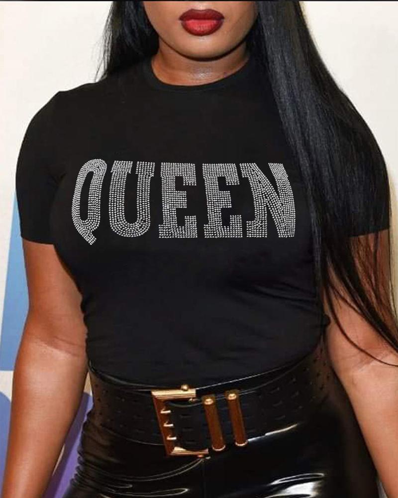 

Plus Size Rhinestone Letter Pattern Casual T-shirt, Black