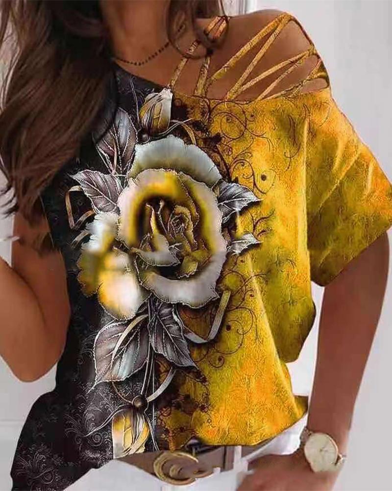 

Rose Print Hollow-out Short Sleeve T-shirt, Yellow