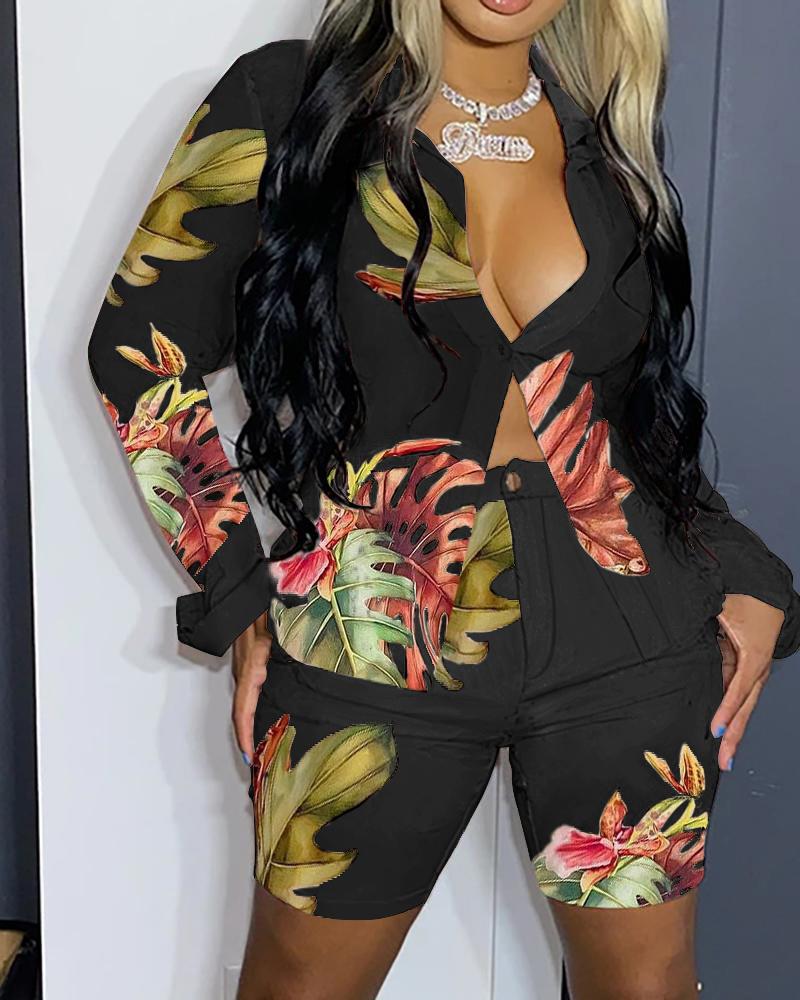 

Tropical Print Buttoned Top & Shorts Sets, Black