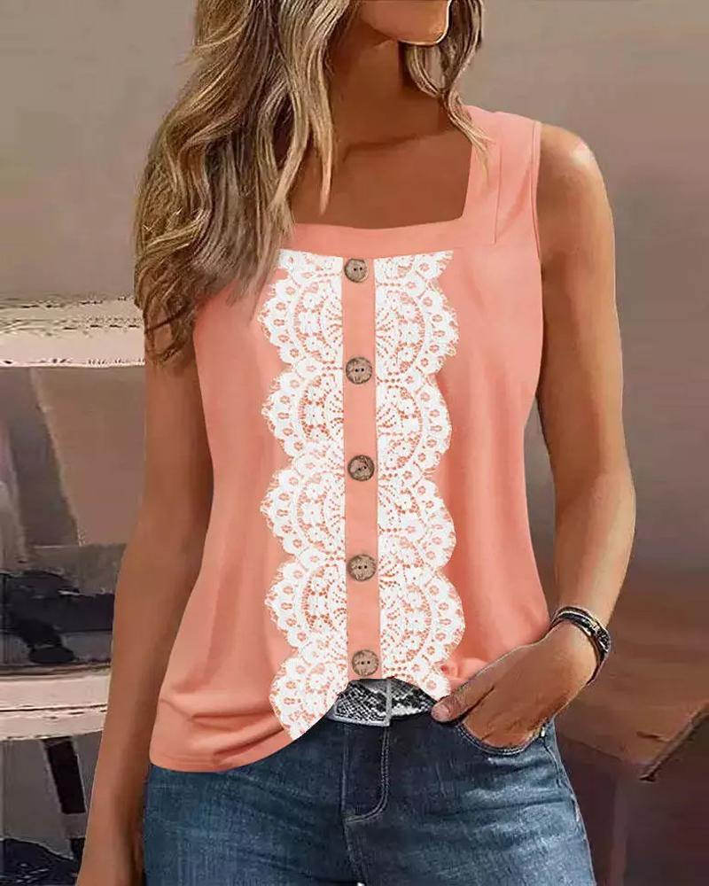 

Lace Patch Buttoned Square Neck Tank Top, Orange