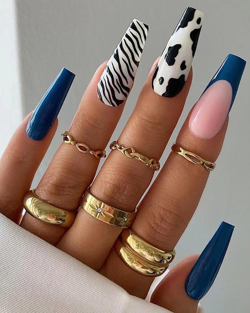 

24pcs Animal Pattern False Nail Patches Press On Nails long Detachable Coffin Fake Nails, Blue