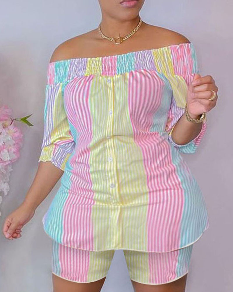 

Plus Size Striped Print Off Shoulder Buttoned Top & Shorts Set, Yellow