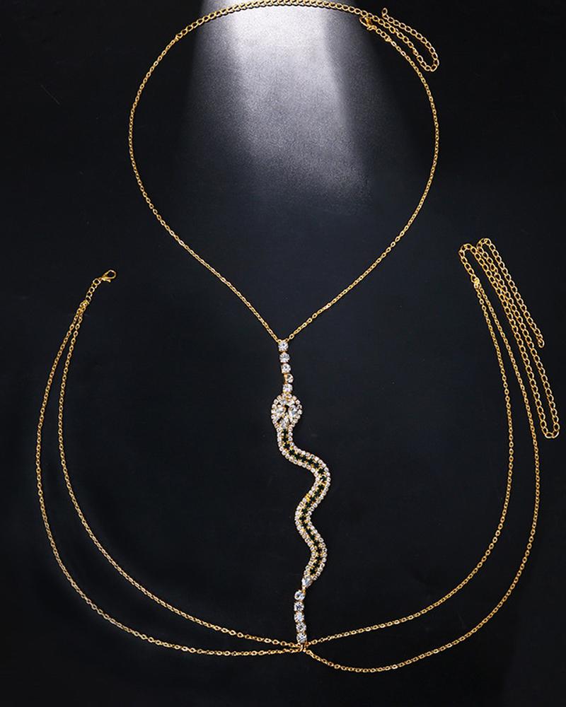 

Rhinestone Decor Snake Shaped Body Chain, Gold
