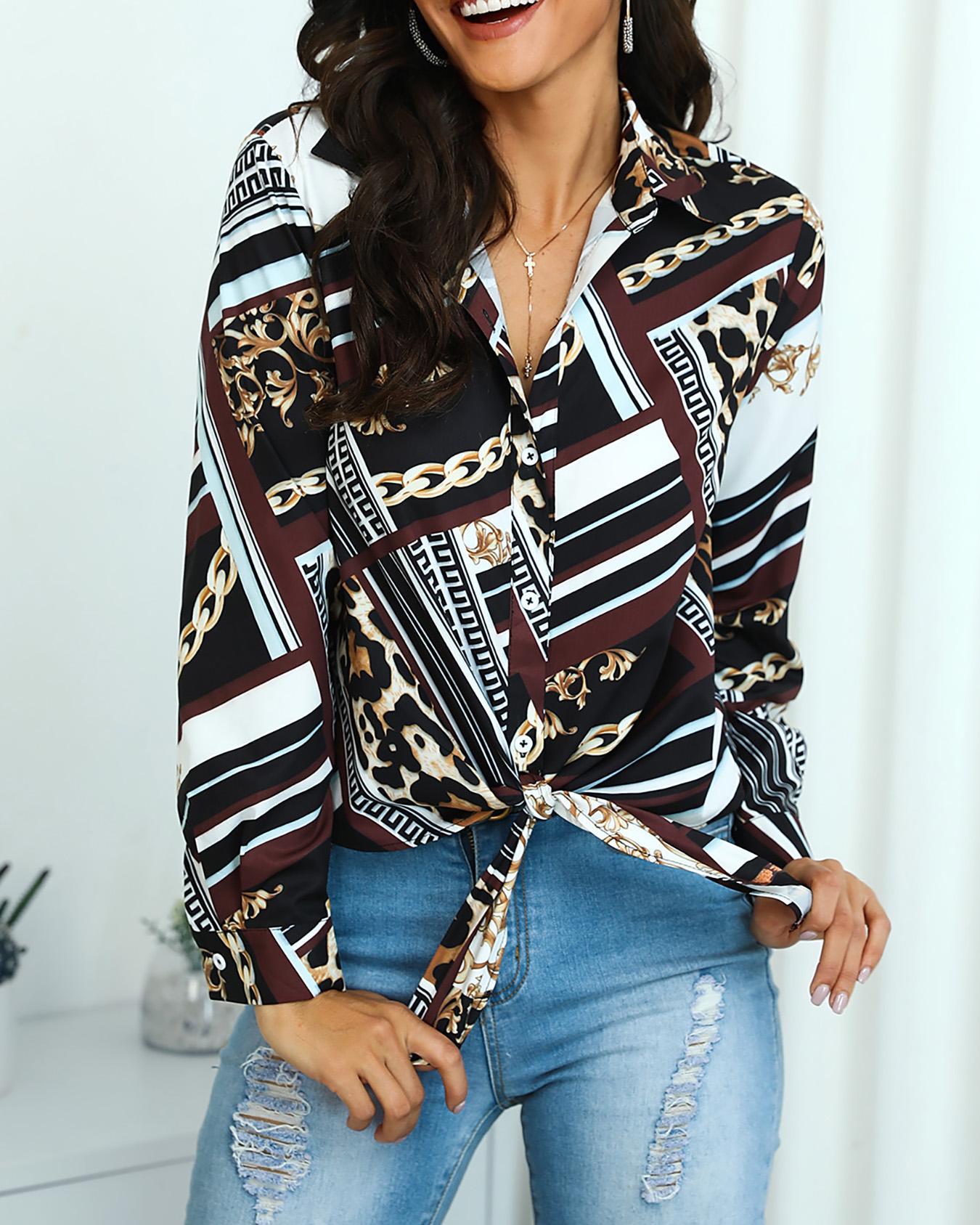 

Mixed Chain Print Knot Front Women Blouse, Multicolor