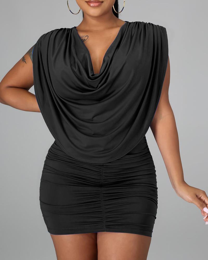 

Cowl Neck Ruched Sleeveless Bodycon Dress, Black