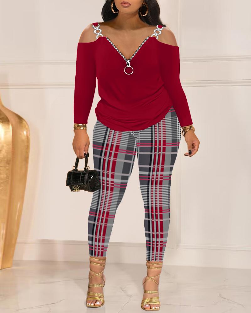 

Plus Size Cold Shoulder Top & Plaid Print Pants Set, Wine red
