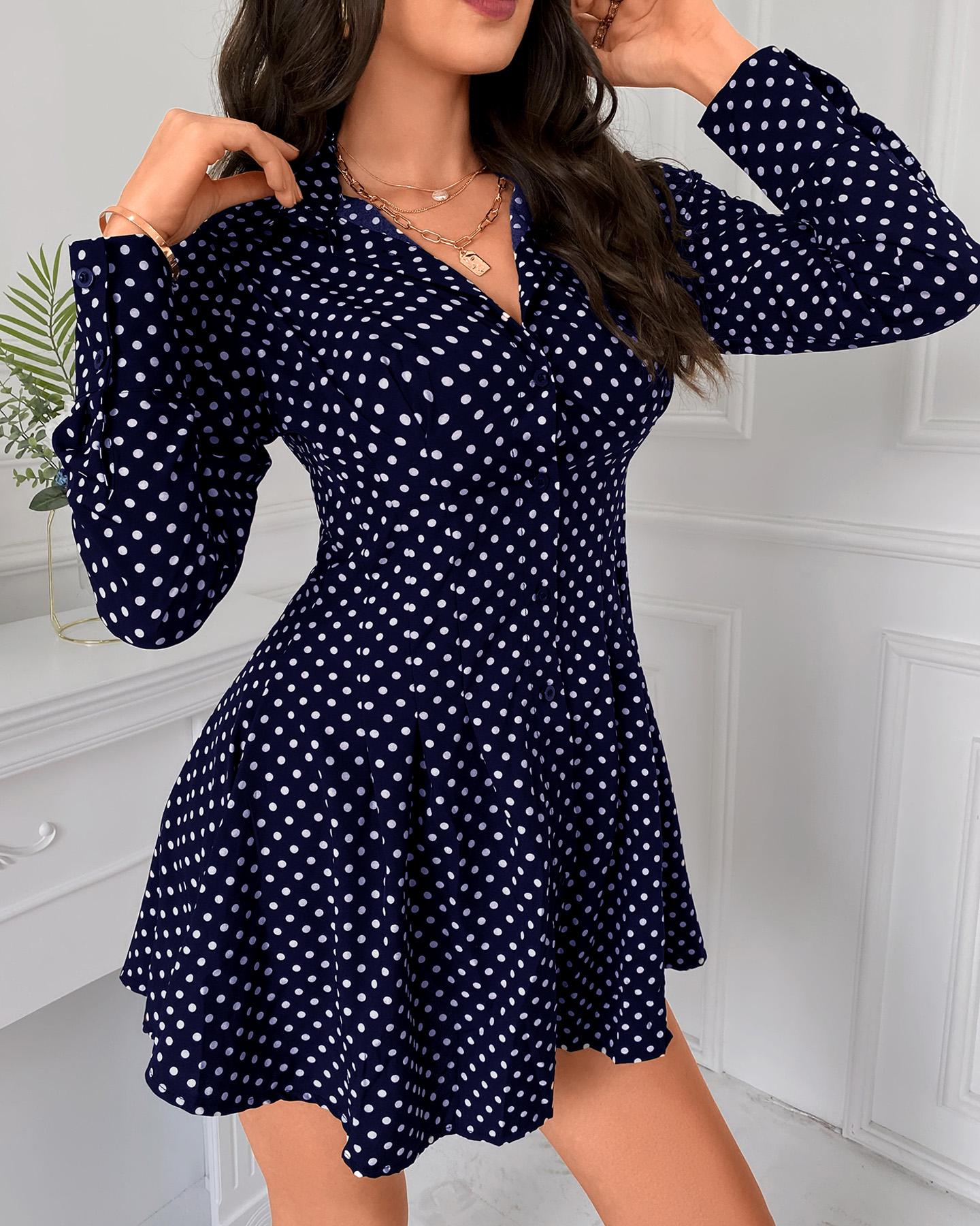 

Trendy Women Shirt Dress Dot Print Pleated Skater Dress Women Casual Dress, Blue