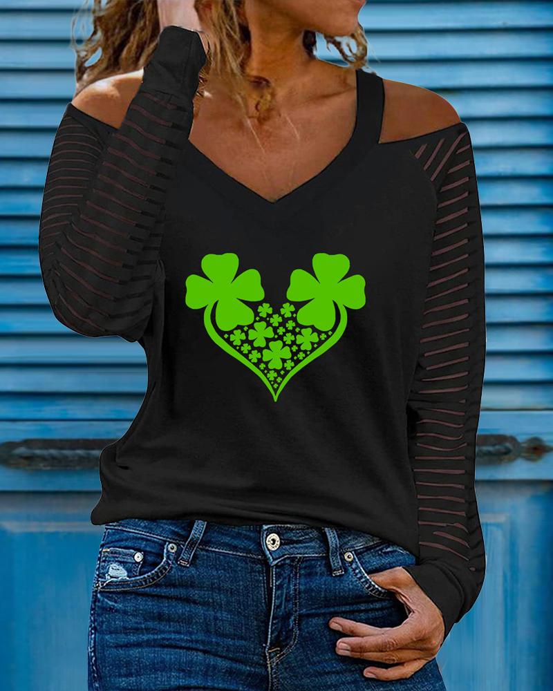 

St. Patrick' Day Lucky Shamrock Heart Print Cold Shoulder Top, Black