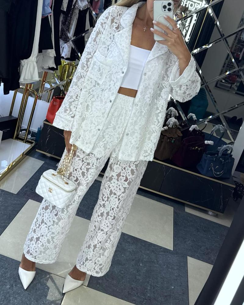

2 Pieces Outfit Notched Collar Pocket Design Button Front Coat and Elastic Waist Wide Leg Pants Set Casual Floral Lace Set with Lining, White