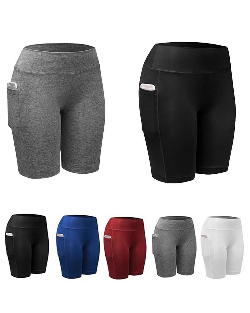 

Pocket Design High-Rise Wide-Waistband Yoga Shorts, Gray