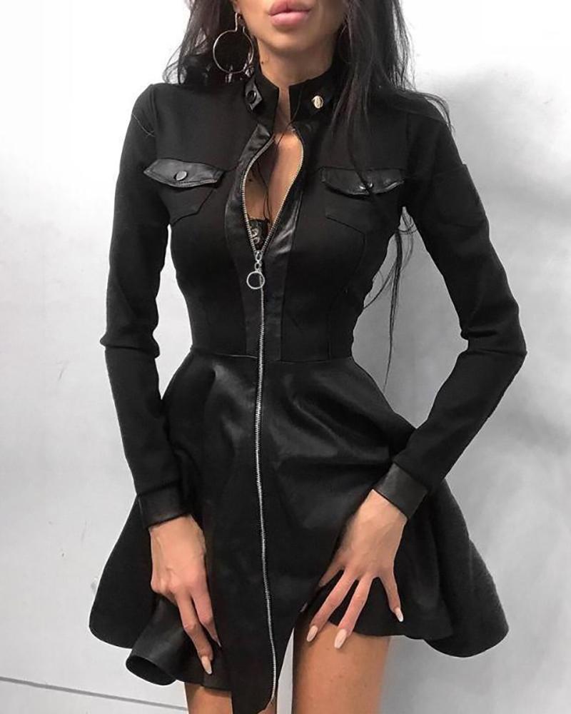

PU Leather Patch Zipper Pocket Design Casual Dress, Black