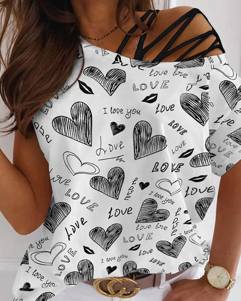 

Mother's Day Heart Letter Print Cold Shoulder Lace-up Top, White