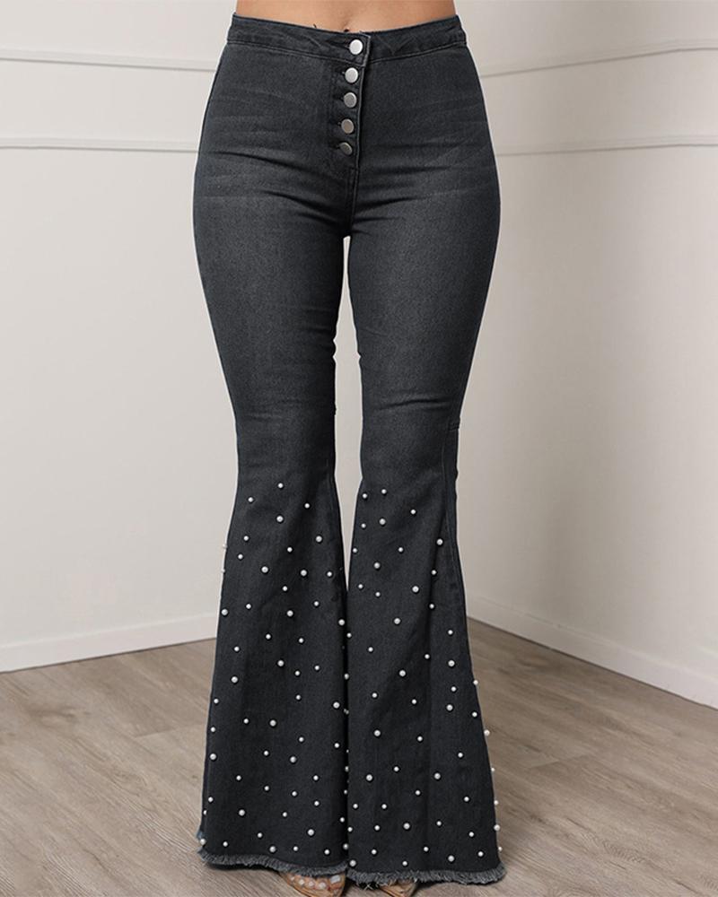 

Solid Color Wide Leg Denim Pants, Gray