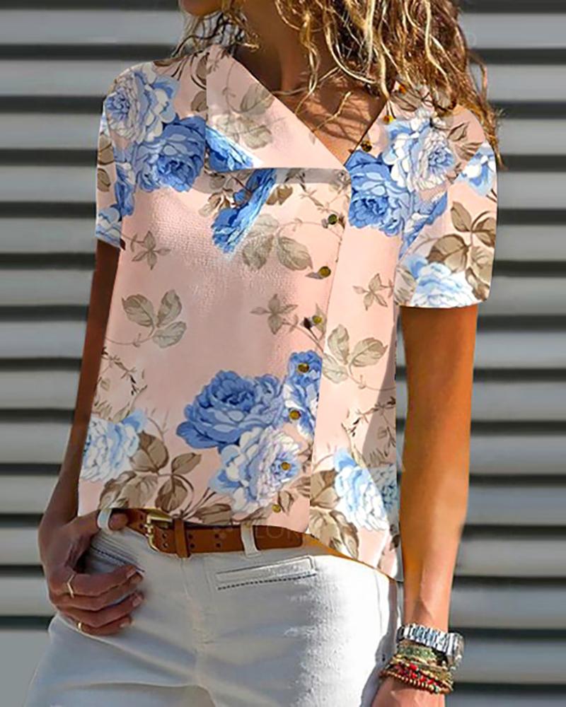 

Floral Print Short Sleeve Casual Top, Pink