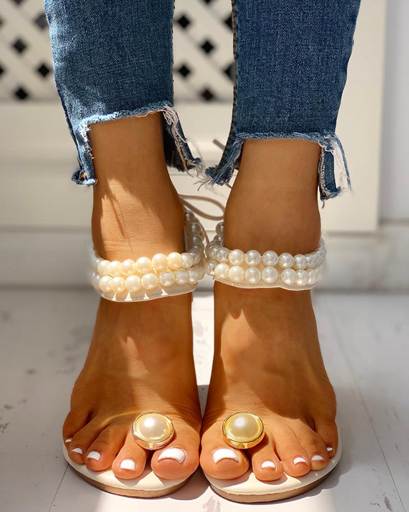 

Toe Ring Beaded Casual Sandals, Beige