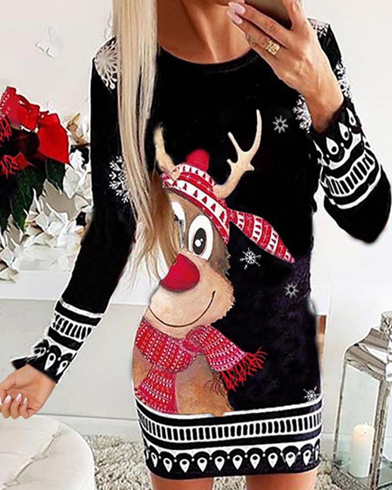 

Christmas Graphic Cartoon Print Long Sleeve Bodycon Dress, Style2