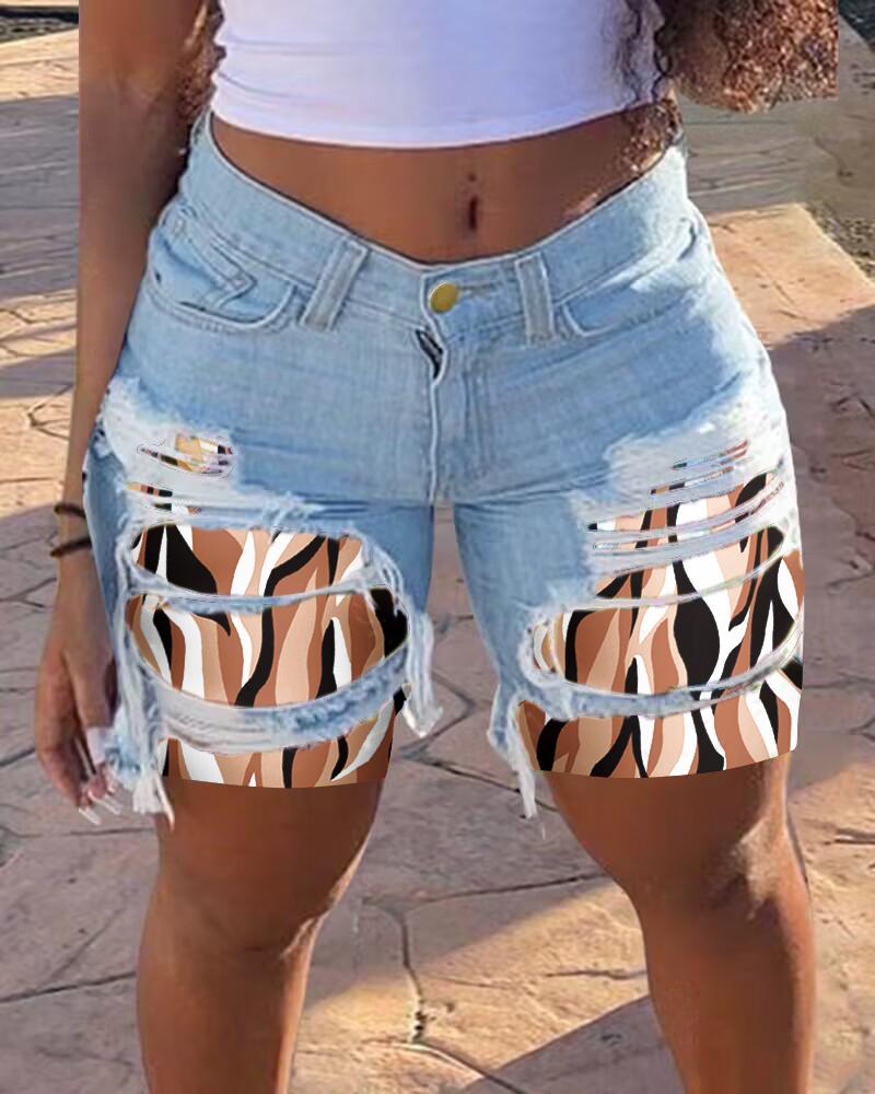 

Abstract Print Patchwork Tassel Design Denim Shorts, Blue