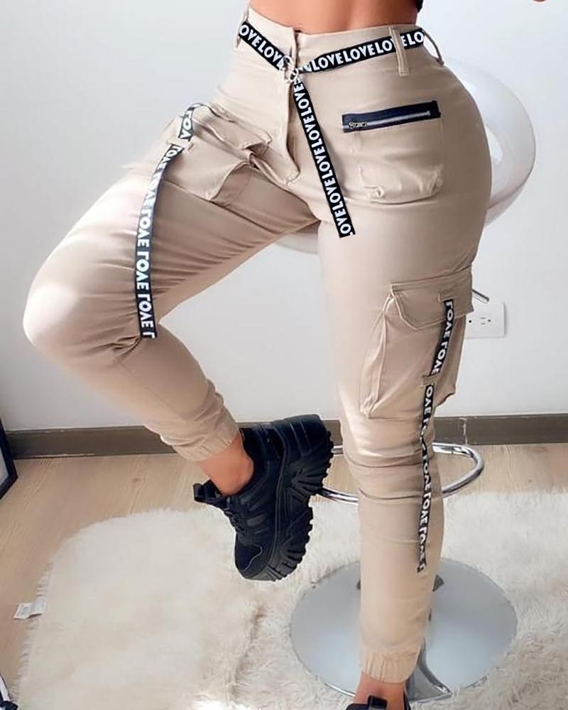 

High Waist Pocket Zipper Design Casual Pants, Apricot