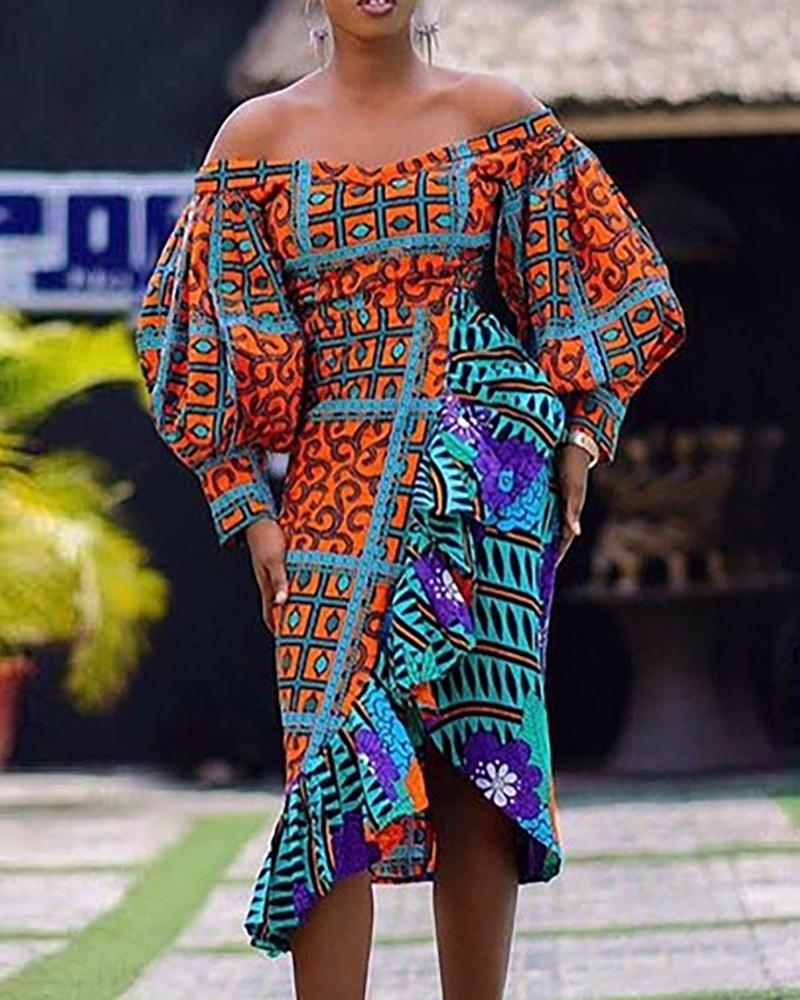 

Off Shoulder Lantern Sleeve Ruffled Print Dress, Multicolor