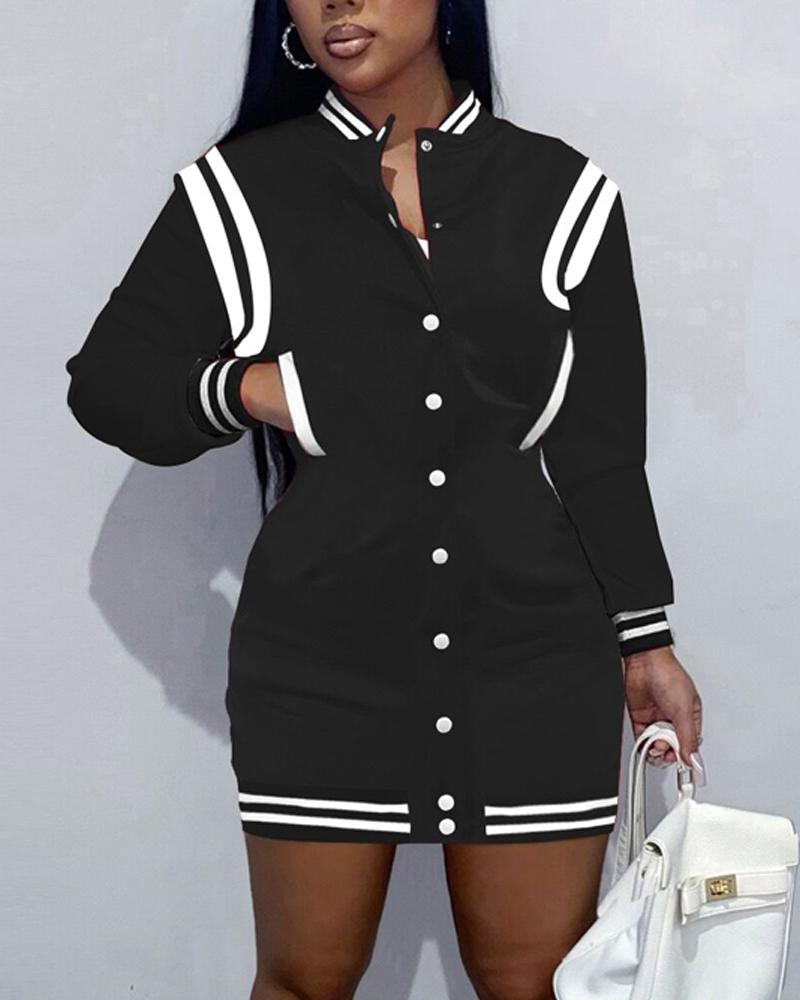 

Contrast Paneled Baseball Collar Casual Dress, Black