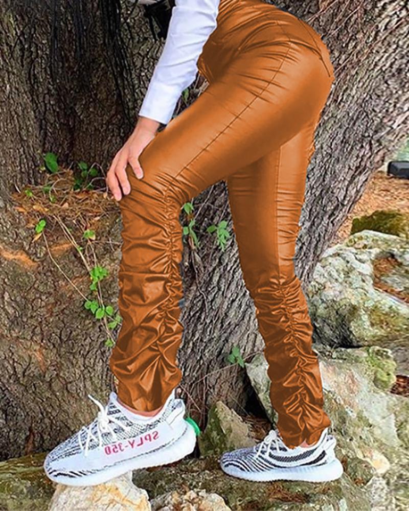 

PU Leather Ruched High Waist Pants, Yellow