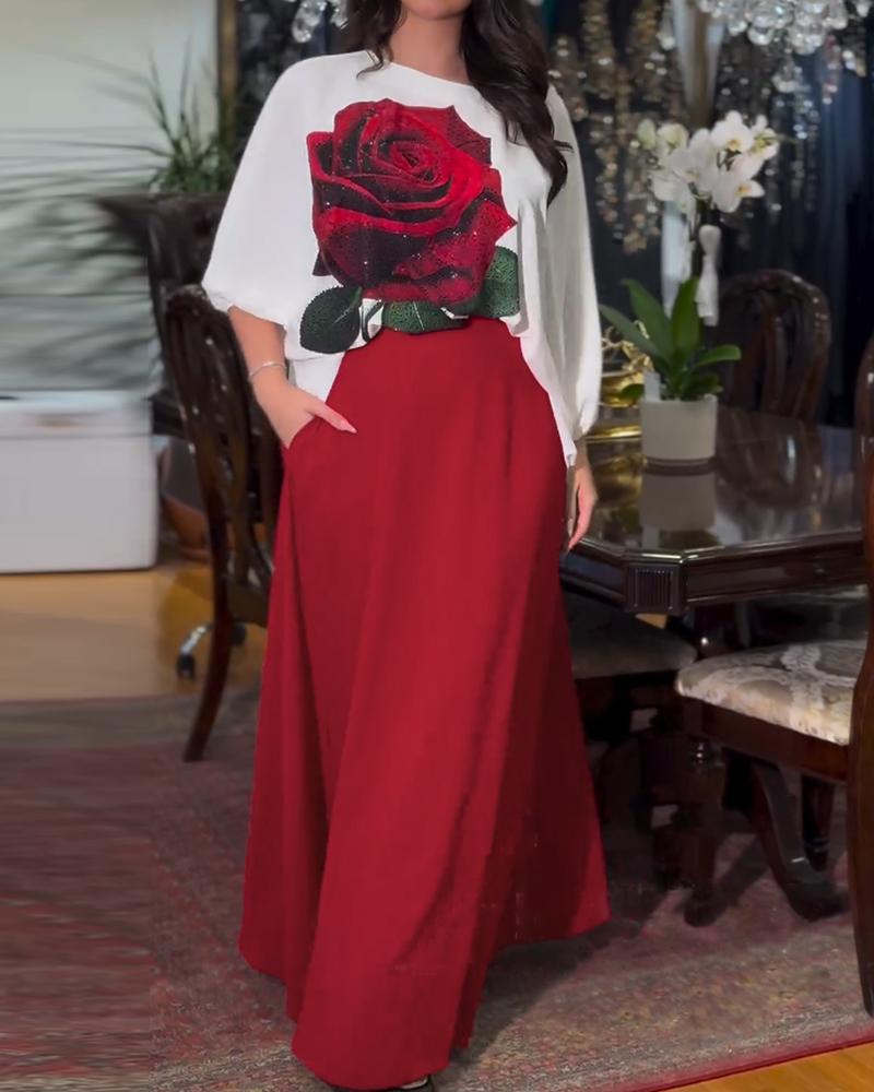 

Conjunto de falda y top con mangas farol y diamantes de imitación con estampado de rosas, Red