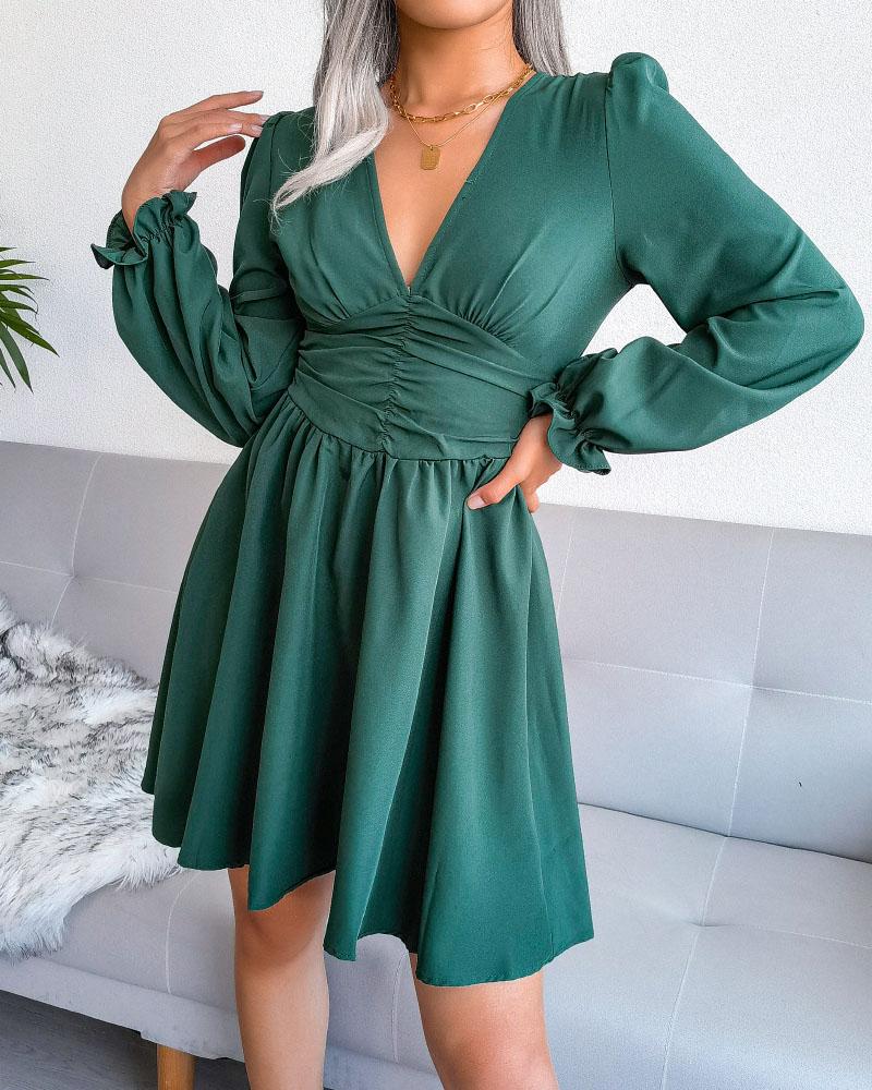 

Flounce Sleeve V-Neck Chiffon Casual Dress, Green