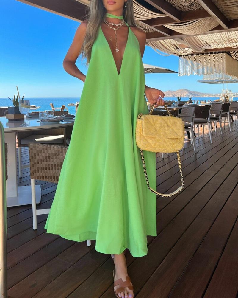 

Plain Halter Backless Swing Dress, Green