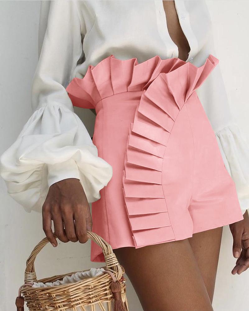

Ruffle Hem Ruched High Waist Shorts, Pink