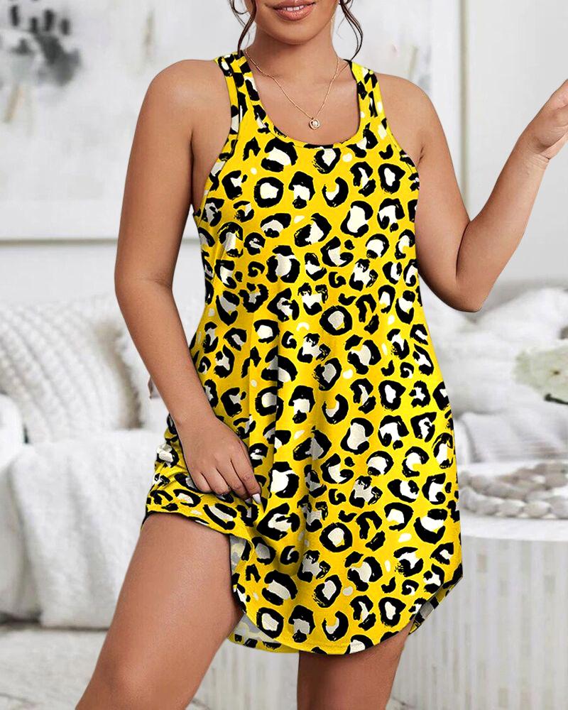 

Plus Size Leopard Print Sleeveless U-Neck Sleep Dress, Yellow
