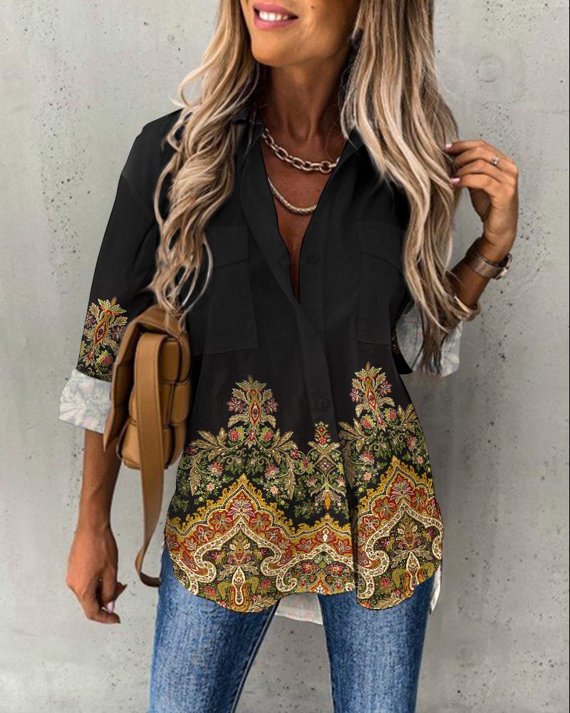 

Tribal Print Long Sleeve Button Down Shirt, Black