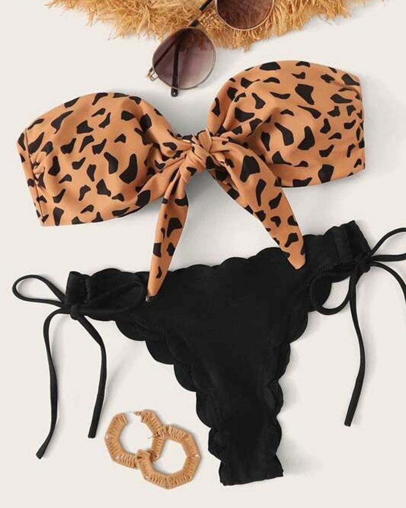 

Color Block Off Shoulder Splicing Bow Tube Top And Panties Bikini Sets, Leopard