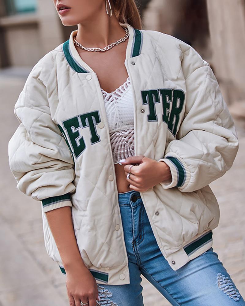 

Argyle Quilted Buttoned Puffer Baseball Coat, White