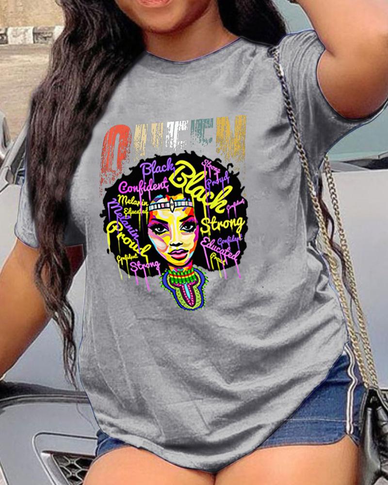 

Cartoon & Letter Print Short Sleeve T-shirt, Gray