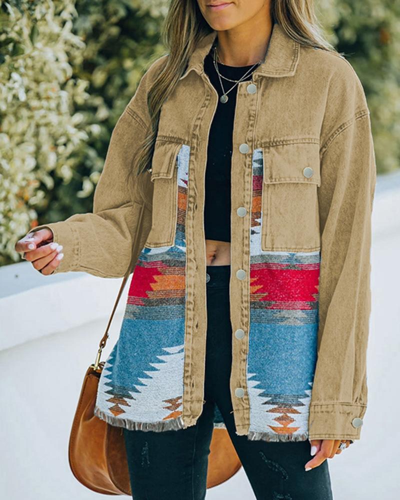 

Aztec Geometric Print Pocket Design Denim Jacket, Khaki