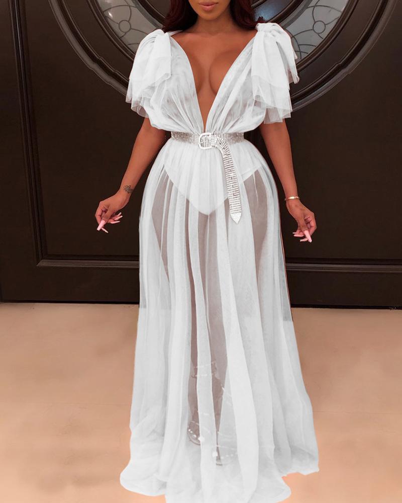 

Deep V Neck See-Through Mesh Maxi Dress, White