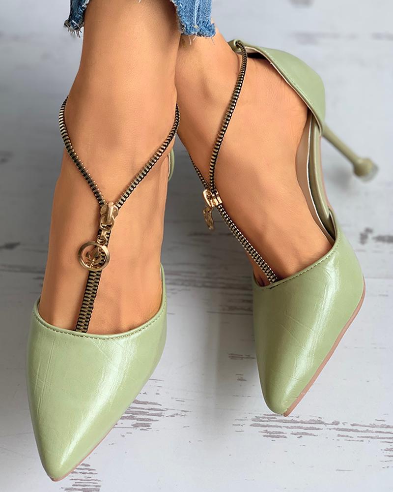

Zipper Design Pointed Toe Stiletto Heel, Green
