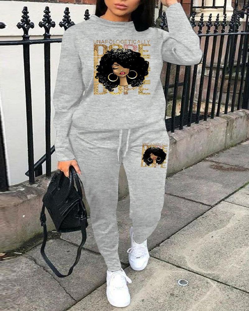 

Plus Size Figure Letter Print Casual Top & Pants Set, Gray