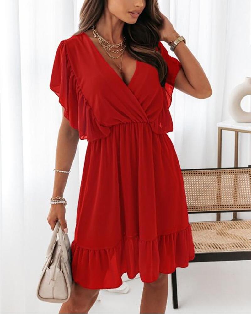 

Ruffle Hem Casual Wrap Dress, Red