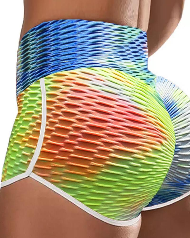 

Tie Dye Print Textured High Waist Yoga Shorts, Multicolor