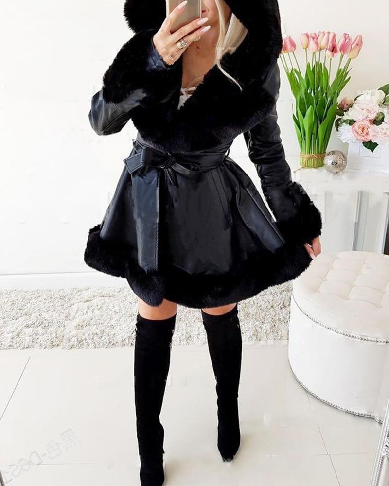 

Fashion Fur Coat Faux Fur Hooded Jacket Luxury Belted Leather Jacket Teddy Coat Winter Thick Warm Parka Coat Outwear, Black