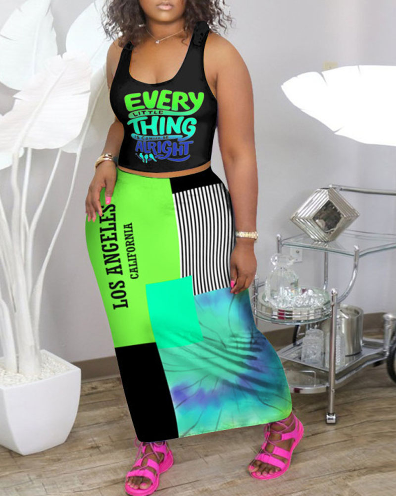 

Letter Print Tank Top & Colorblock Skirt Set, Green