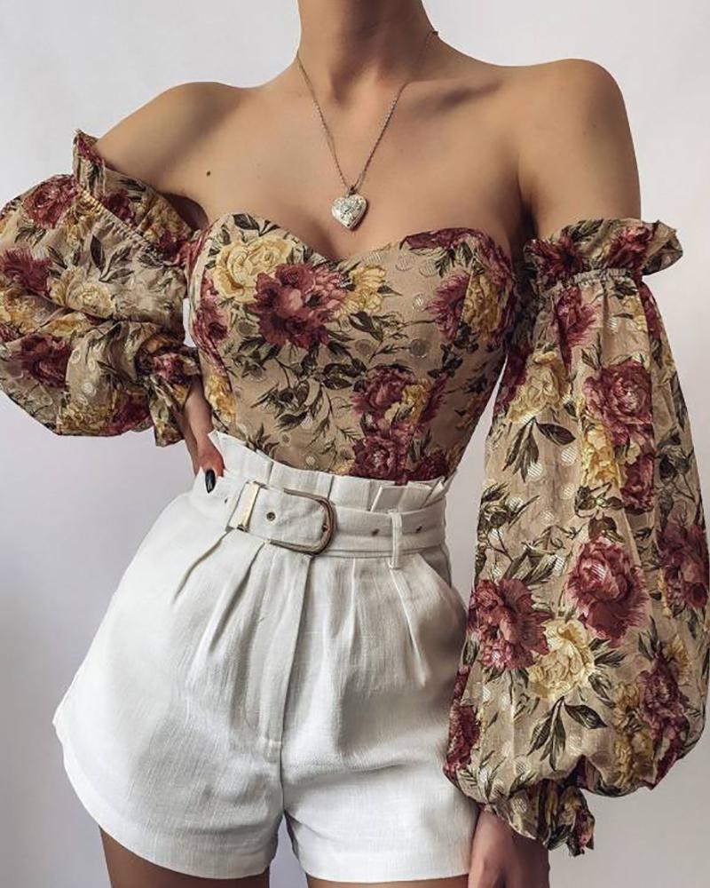 

Floral Print Lantern Sleeve Off Shoulder Top, Khaki