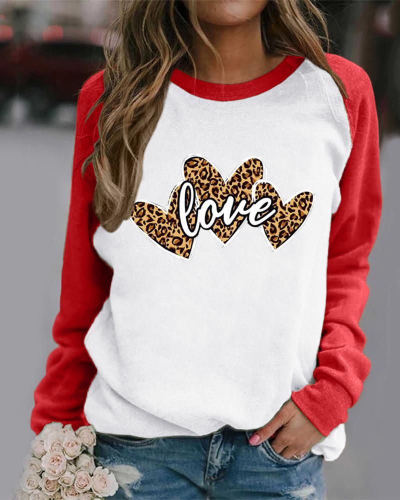 

Valentine' Day Letter Heart Print Raglan Sleeve Sweatshirt, Red