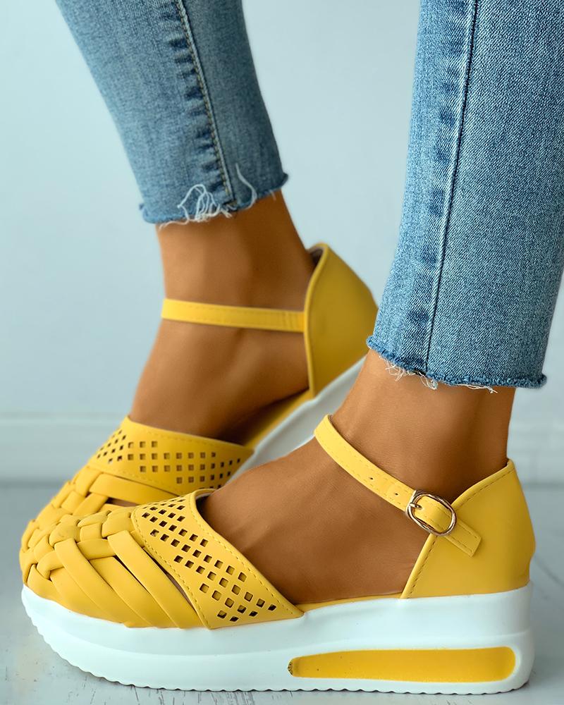 

Braided Hollow Out Ankle Strap Flatform Shoes, Yellow