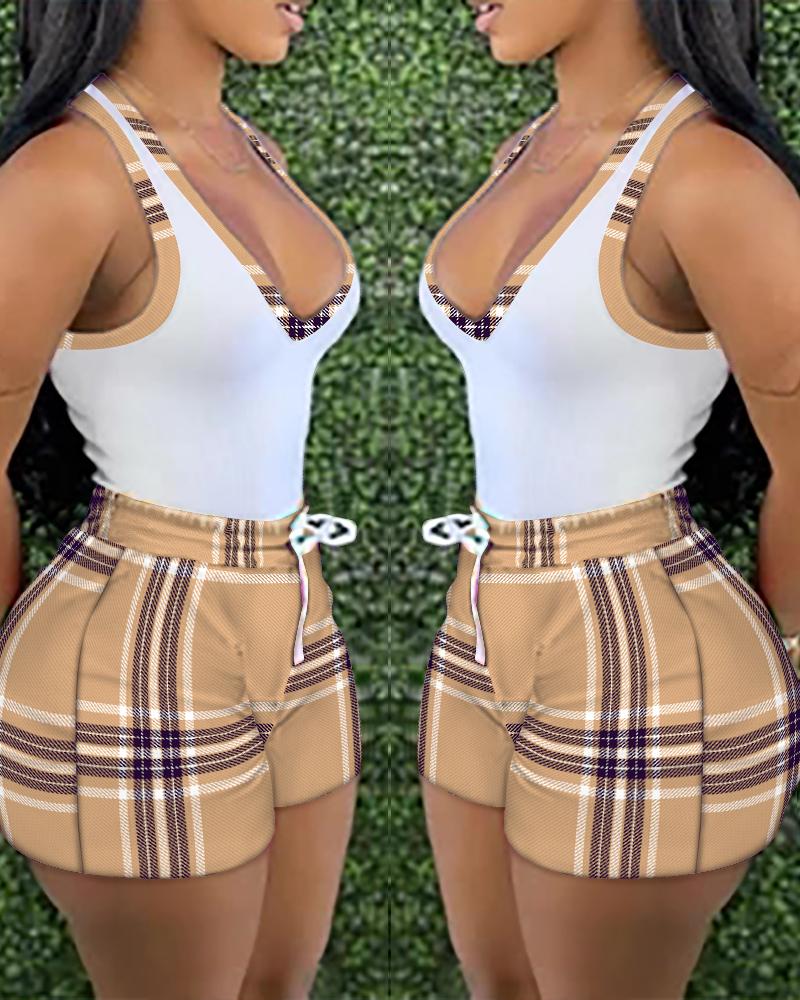 

Plaid Print Tank Top & Drawstring Shorts Set, Khaki