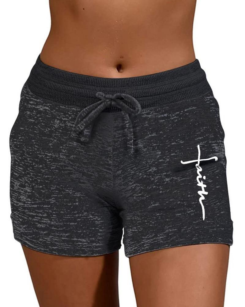 

High Waist Letter Print Drawstring Sporty Yoga Shorts, Dark grey