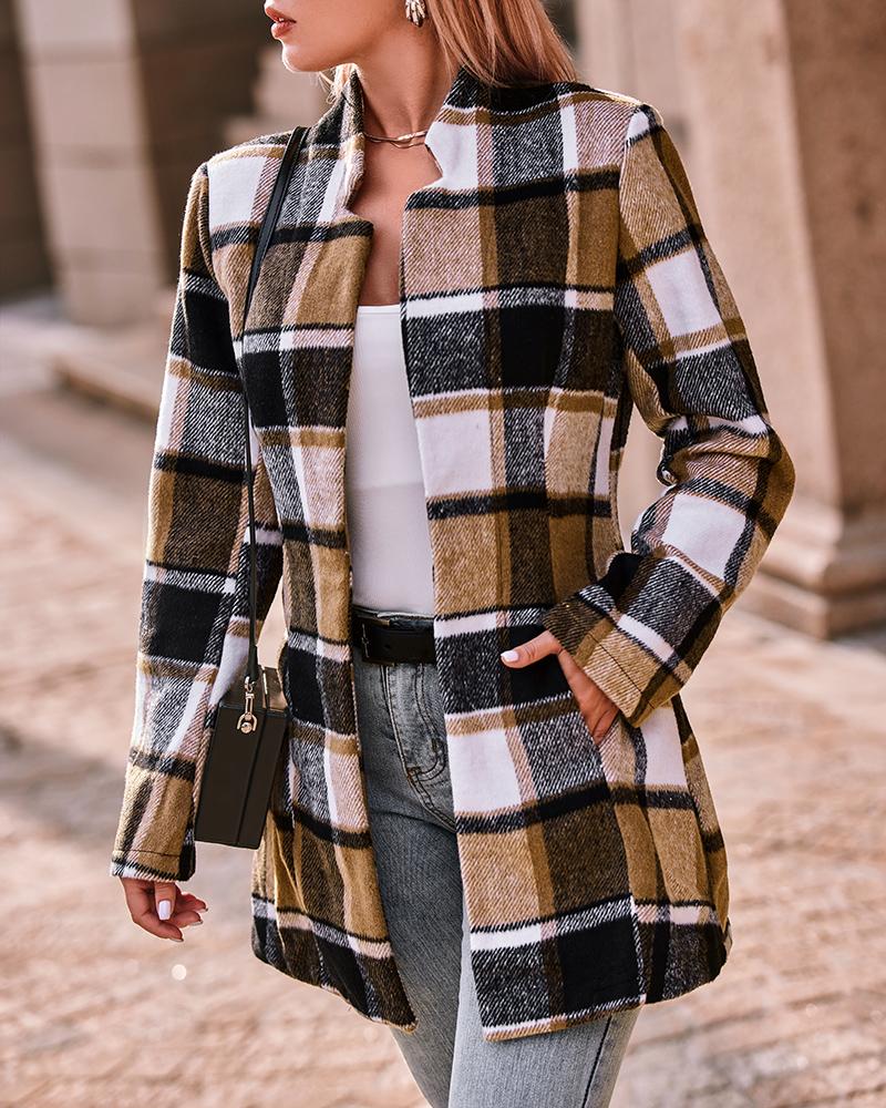 

Plaid Print Pocket Design Long Sleeve Casual Coat, Brown