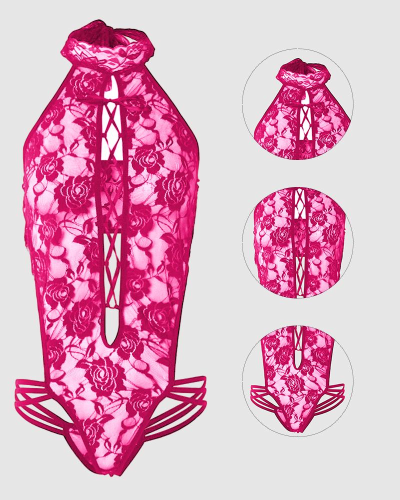 

Crochet Lace Sheer Mesh Lace-up Teddy, Hot pink