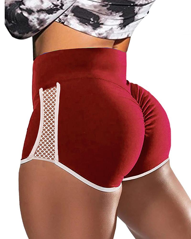 

High Waist Hollow Out Colorblock Butt Lifting Shorts, Wine red